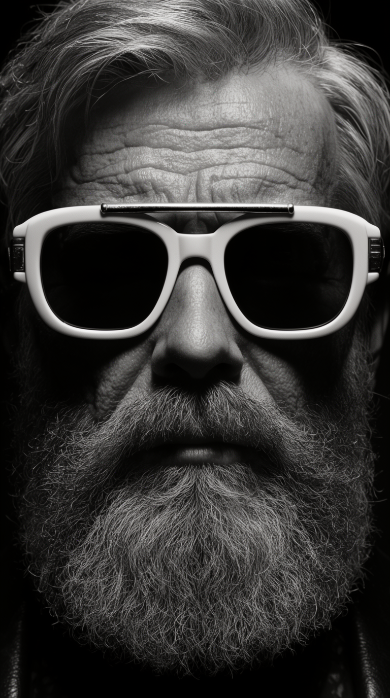 Black and white portrait of an older man with retro sunglasses, dense beard, and dramatic chiaroscuro.