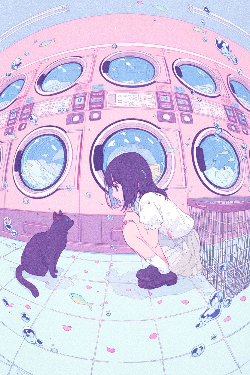 A wide-angle anime illustration of a surreal laundromat with pink washing machines, bubbles, and fish.