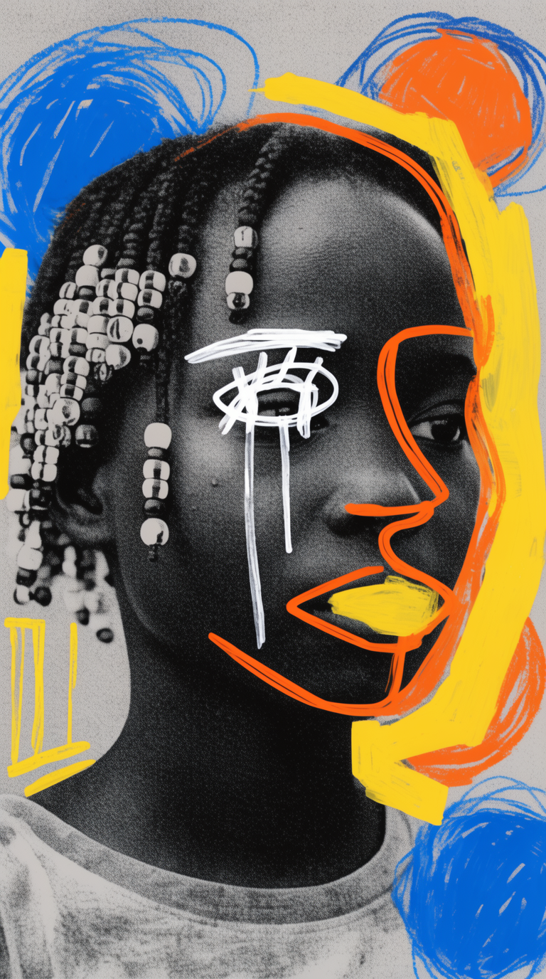 Mixed-media portrait combining grainy black-and-white halftone photography with bright neo-expressionist scribbles.