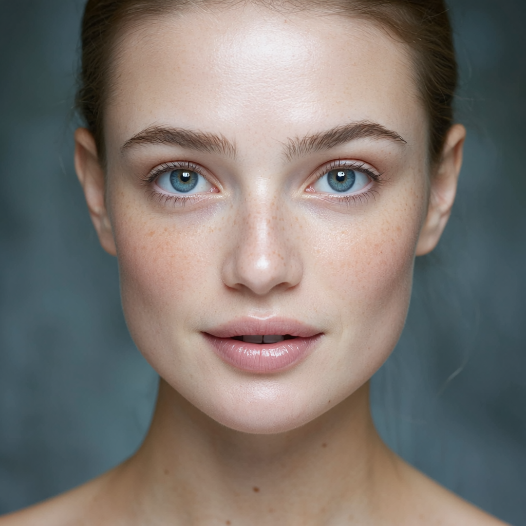 Ultra-real portrait of a 28-year-old woman with freckles, soft window light, 85mm lens, shallow depth of field, natural skin texture, neutral background, editorial mood, subtle catchlights in the eyes.
