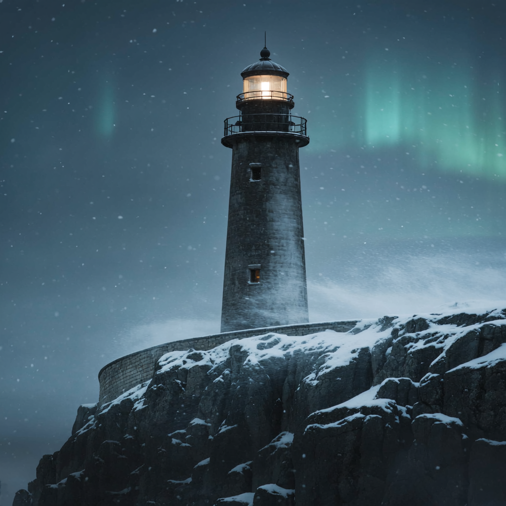 Arctic lighthouse on a cliff during snowstorm, long-exposure feel, wind-blown snow, cold blue palette, minimalist composition, distant aurora glow, moody atmosphere.