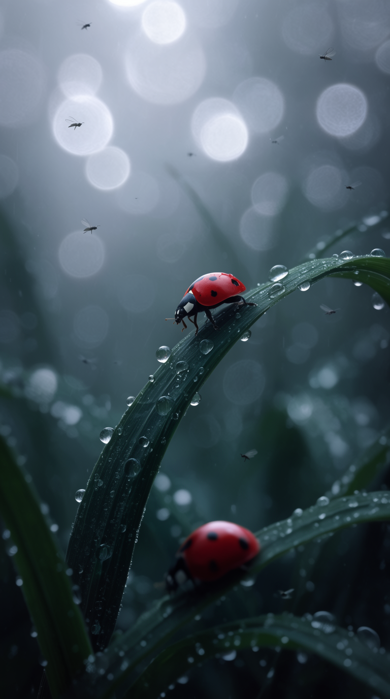 Hyper-realistic macro composition of red ladybugs climbing dew-covered green grass blades.