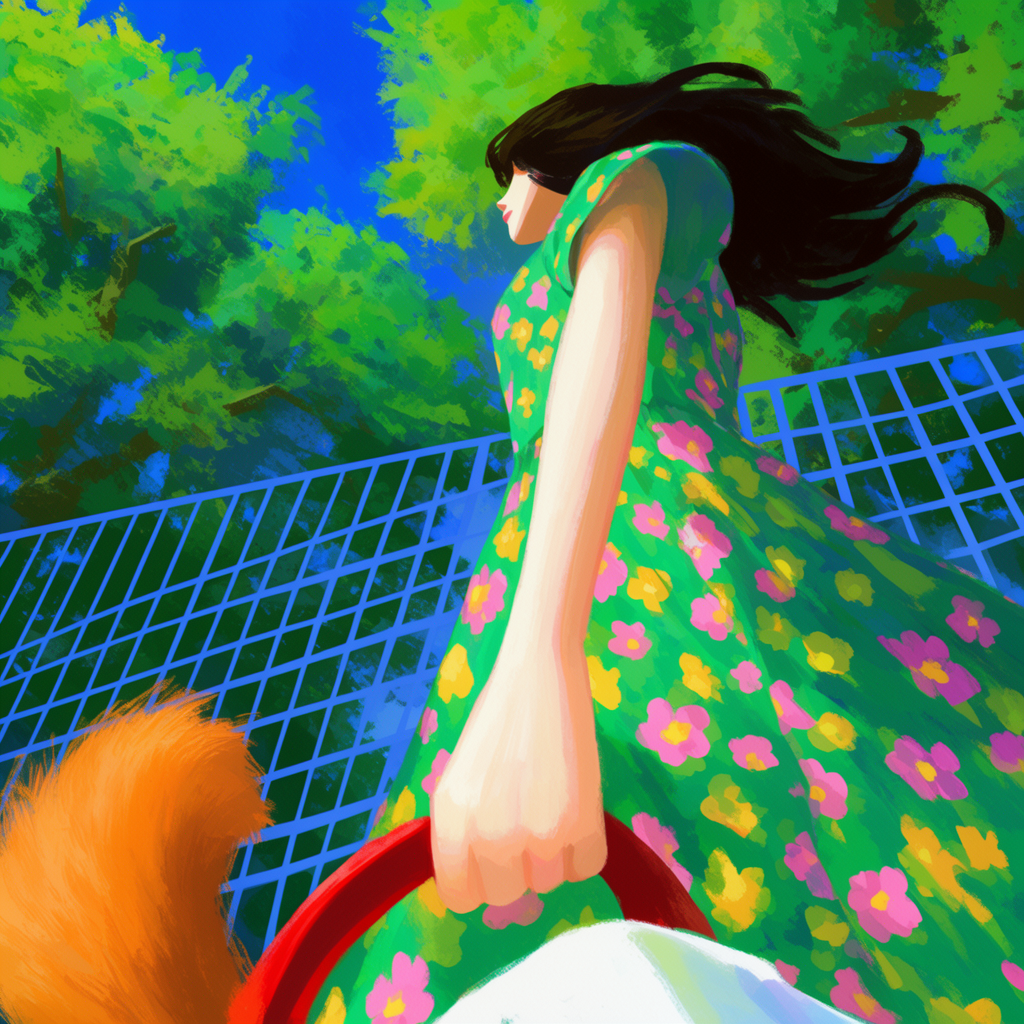 A vibrant digital painting of a woman walking from a dynamic low-angle perspective.
