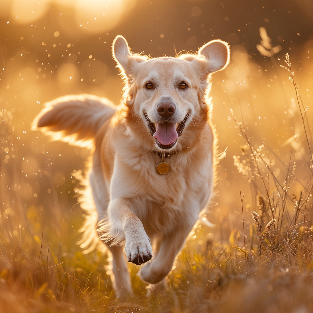 Golden retriever running through tall grass at golden hour, backlit rim light, dust particles in the air, 200mm telephoto, action freeze, vibrant warm tones, shallow depth of field.