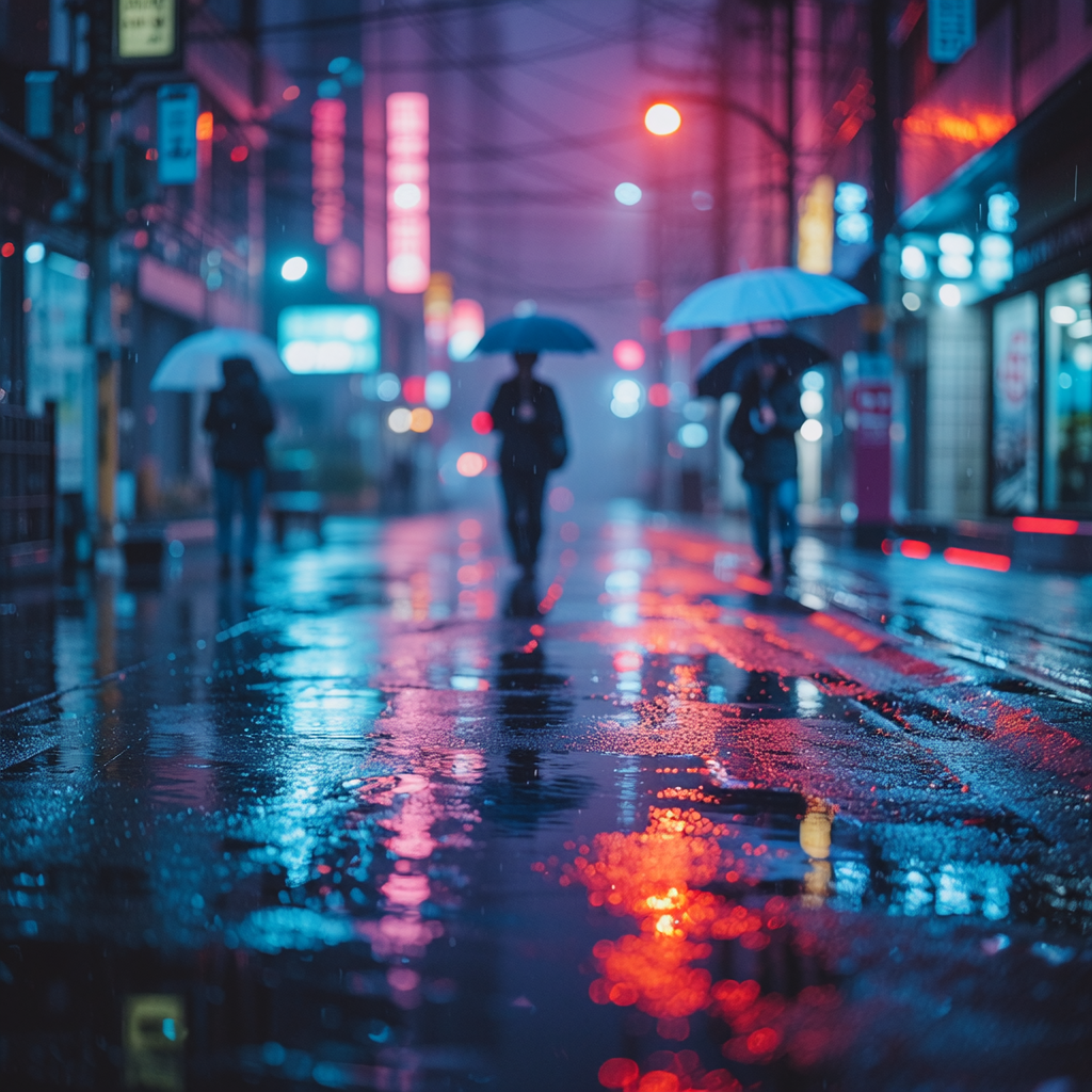 Cinematic rainy street at night in Tokyo, neon reflections on wet asphalt, low-angle shot, wide 24mm lens, moody fog, pedestrians with umbrellas, bokeh lights, high contrast, film grain.