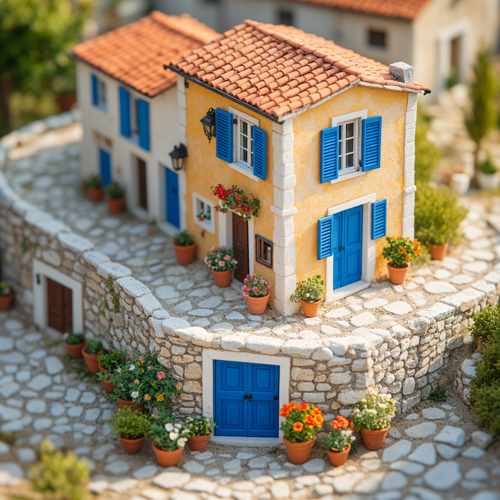 Isometric diorama of a tiny Mediterranean seaside village, sun-bleached walls, blue shutters, cobblestone streets, miniature scale, clean edges, top-down isometric perspective.