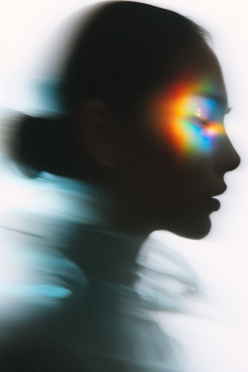Blurred profile silhouette with cyan long-exposure trails and a prismatic rainbow flare at the eye.