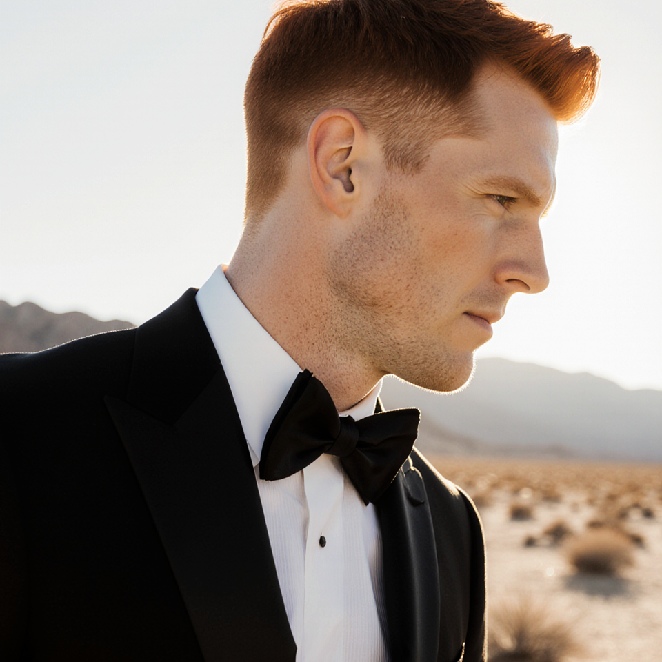 A male model with red hair a black tuxedo in the Mojave desert, low angle shot