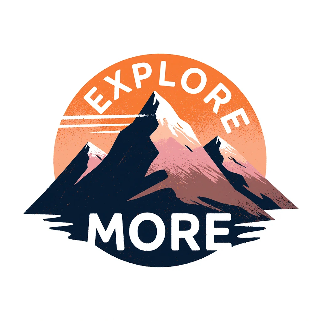 Mountain adventure with "EXPLORE MORE" typography, outdoor hiking theme, earthy colors