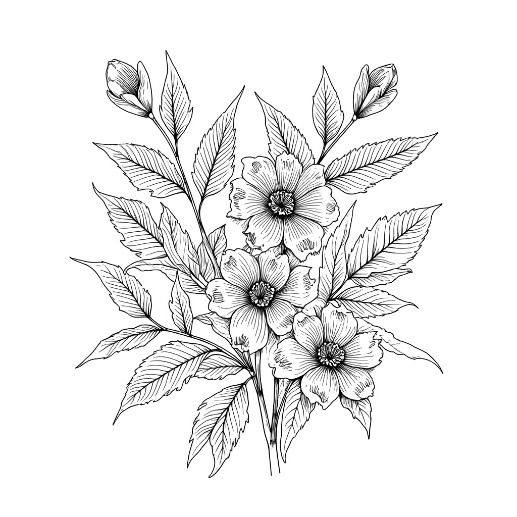 Botanical line art with leaves and flowers, minimalist black ink style