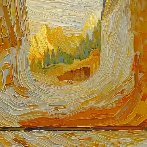 Surreal, thickly textured painting of a mountain landscape viewed through a rocky archway. The swirling brushstrokes in warm yellows, oranges, and creams create a sculpted, almost three-dimensional effect, while green trees and distant peaks add depth and contrast to the golden terrain