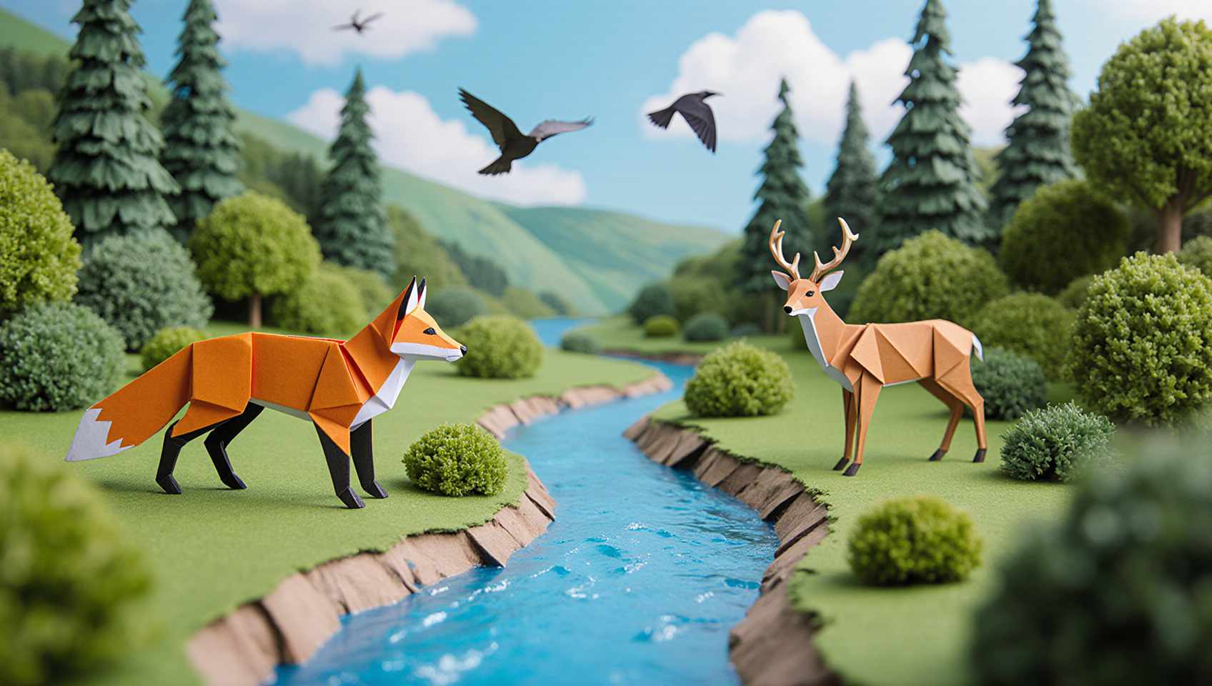 Tiny paper origami kingdom, a river flowing through a lush valley, bright saturated image, a fox to the left, deer to the right, birds in the sky, bushes and tress all around