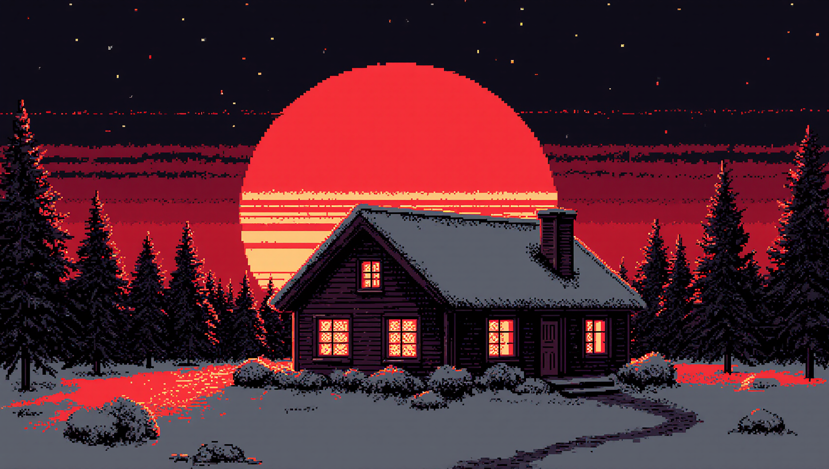 8 bit pixel art of the world's coziest house, cinematic lighting, red sunset, dark winter