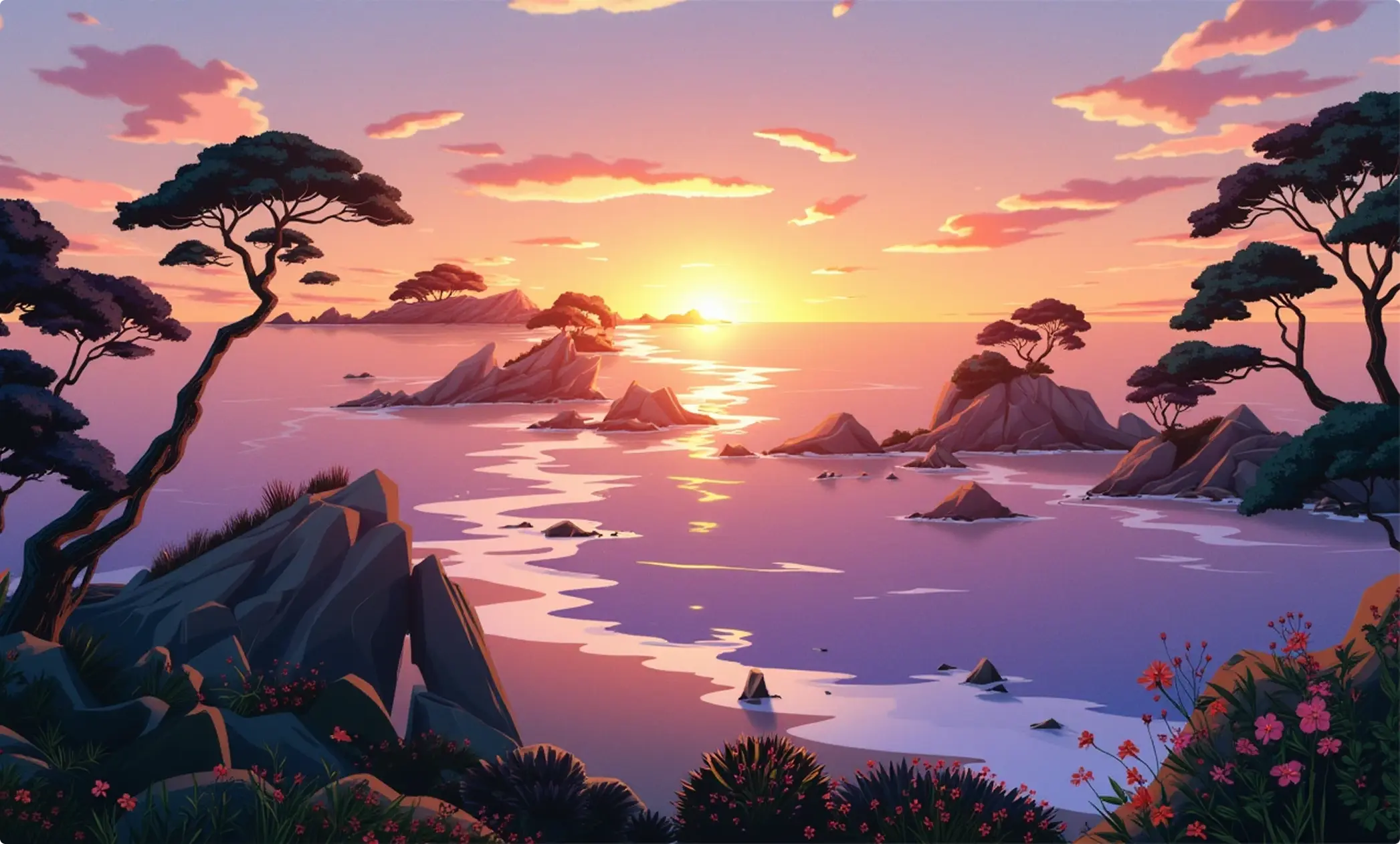 A pixelated image of an orange and white cat lying down, looking to the side, with blurred greenery in the background