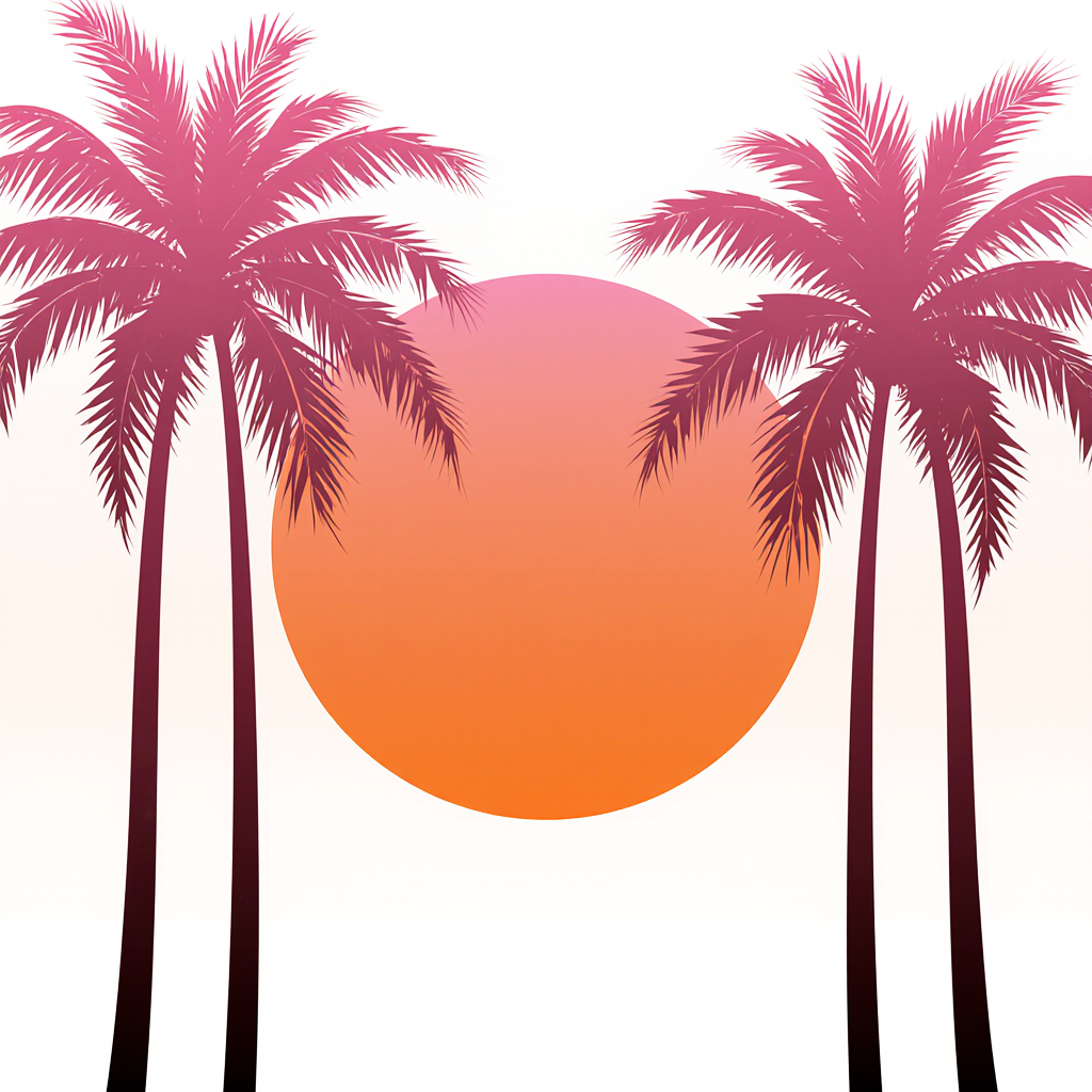 Vintage retro sunset with palm trees silhouette, orange and pink gradient colors