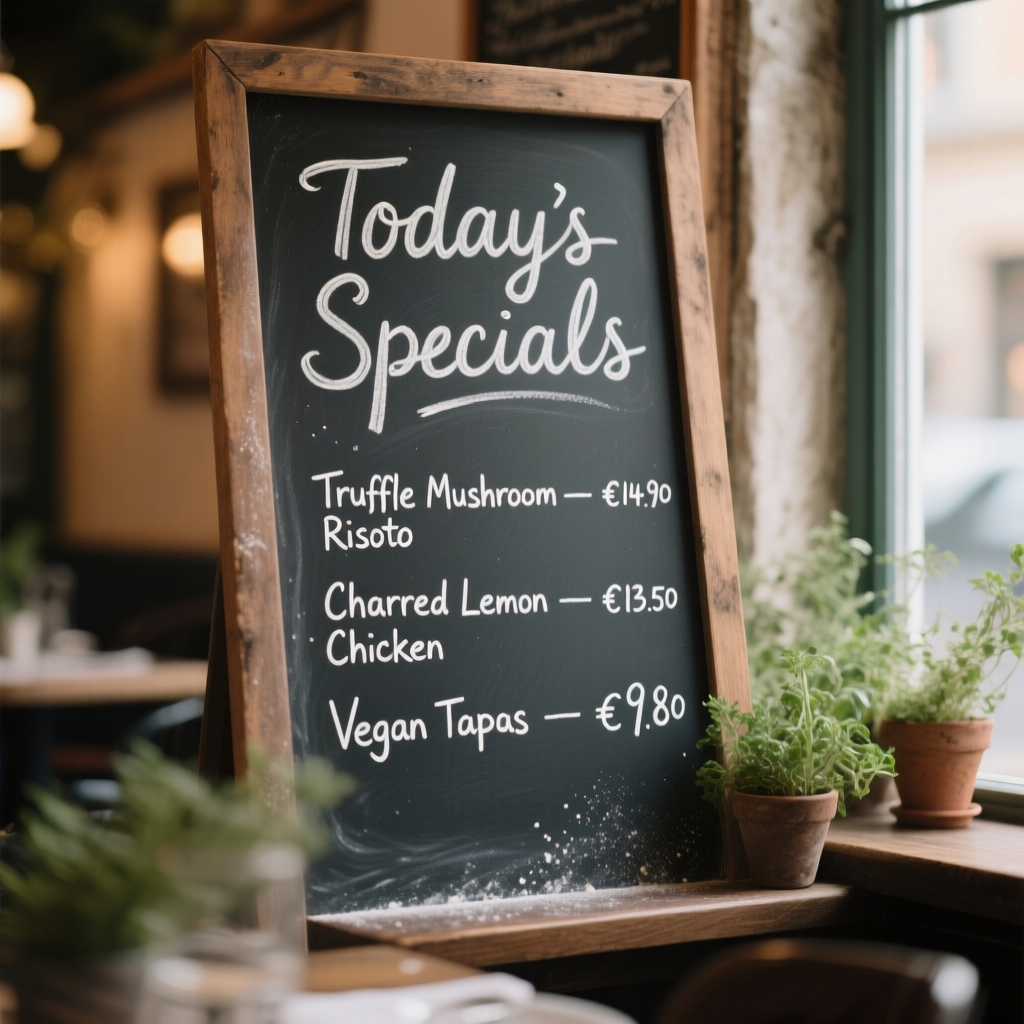 “Café chalkboard menu in a cozy bistro: The text ‘Today’s Specials’ appears in large hand-lettered script at the top, followed by three lines in neat chalk sans-serif—‘Truffle Mushroom Risotto — €14.90’, ‘Charred Lemon Chicken — €13.50’, ‘Vegan Tapas — €9.80’. Clean kerning, consistent baselines, light chalk dust near descenders. Soft window light from the left creates gentle falloff; wooden frames and potted herbs blur in the background. Realistic photography, shallow depth of field, warm tones, 8K detail, subtle bokeh.”