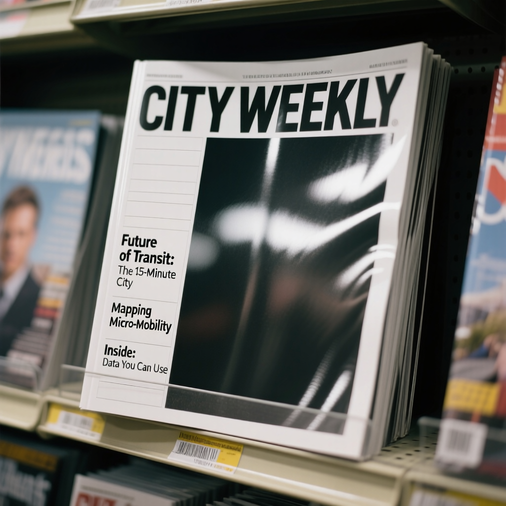 “Magazine cover on a newsstand, photographed head-on. Bold masthead reads ‘CITY WEEKLY’ in tall condensed serif at the top; cover lines on the left column read ‘Future of Transit: The 15-Minute City’, ‘Mapping Micro-Mobility’, and ‘Inside: Data You Can Use’. Perfect text alignment to grid, contrasting weights, crisp overprint on a high-gloss finish. Reflections subtly visible, shallow depth of field on adjacent magazines. High-end editorial look, 8K realism.”