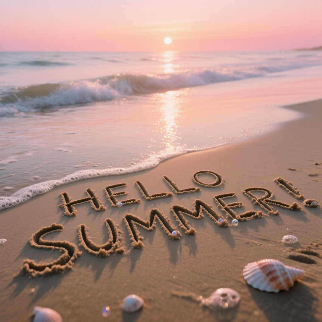 “Beach scene at sunrise with words written in wet sand. The text ‘HELLO SUMMER!’ appears in uppercase, hand-drawn grooves with crisp edges, tiny shells and foam bubbles caught in strokes. Incoming wave approaches, creating delicate reflections and a thin sheen; warm pink-orange sky color grades onto the water. High fidelity to grain size and micro-shadows within letters. Natural light, 8K, serene composition.”