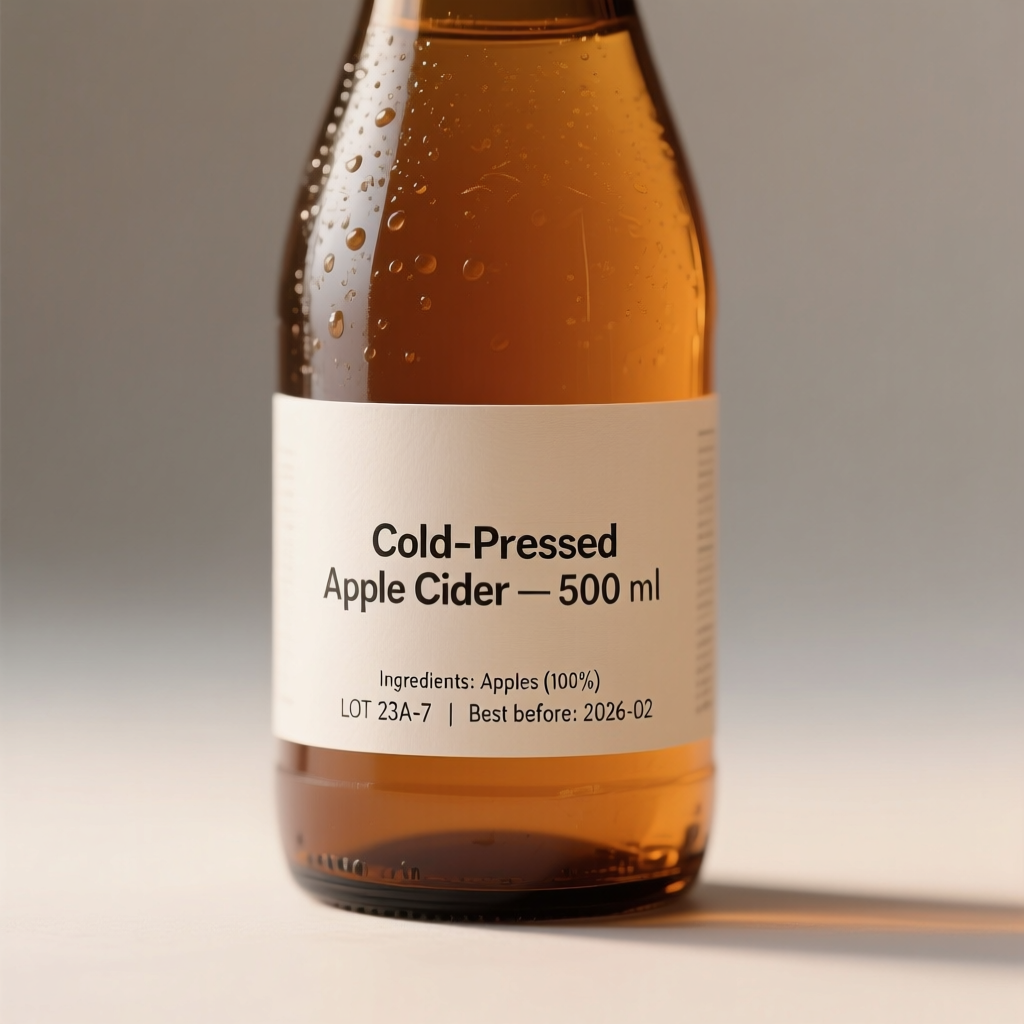 “Amber glass bottle product shot with a minimalist label. The text ‘Cold-Pressed Apple Cider — 500 ml’ appears centered in a clean sans-serif; below it, ‘Ingredients: Apples (100%)’ and ‘LOT 23A-7 | Best before: 2026-02’. Ultra-sharp vector edges, precise kerning, razor-thin hairlines. Soft backlighting reveals condensation and paper fiber, seamless background gradient. Commercial still-life style, 8K, pristine clarity.”
