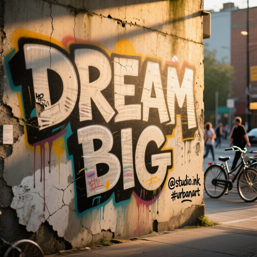 “Urban mural on a concrete wall at golden hour. Large spray-painted letters read ‘DREAM BIG’ in blocky, layered stencil style; a small tag in the corner reads ‘@studio.ink #urbanart’. Paint drips, overspray halos, and textured concrete pores are visible; letter edges vary with stencil lift. Warm raking light emphasizes relief; parked bikes and passerby blur softly. Documentary photography, 8K, color-true pigments.”