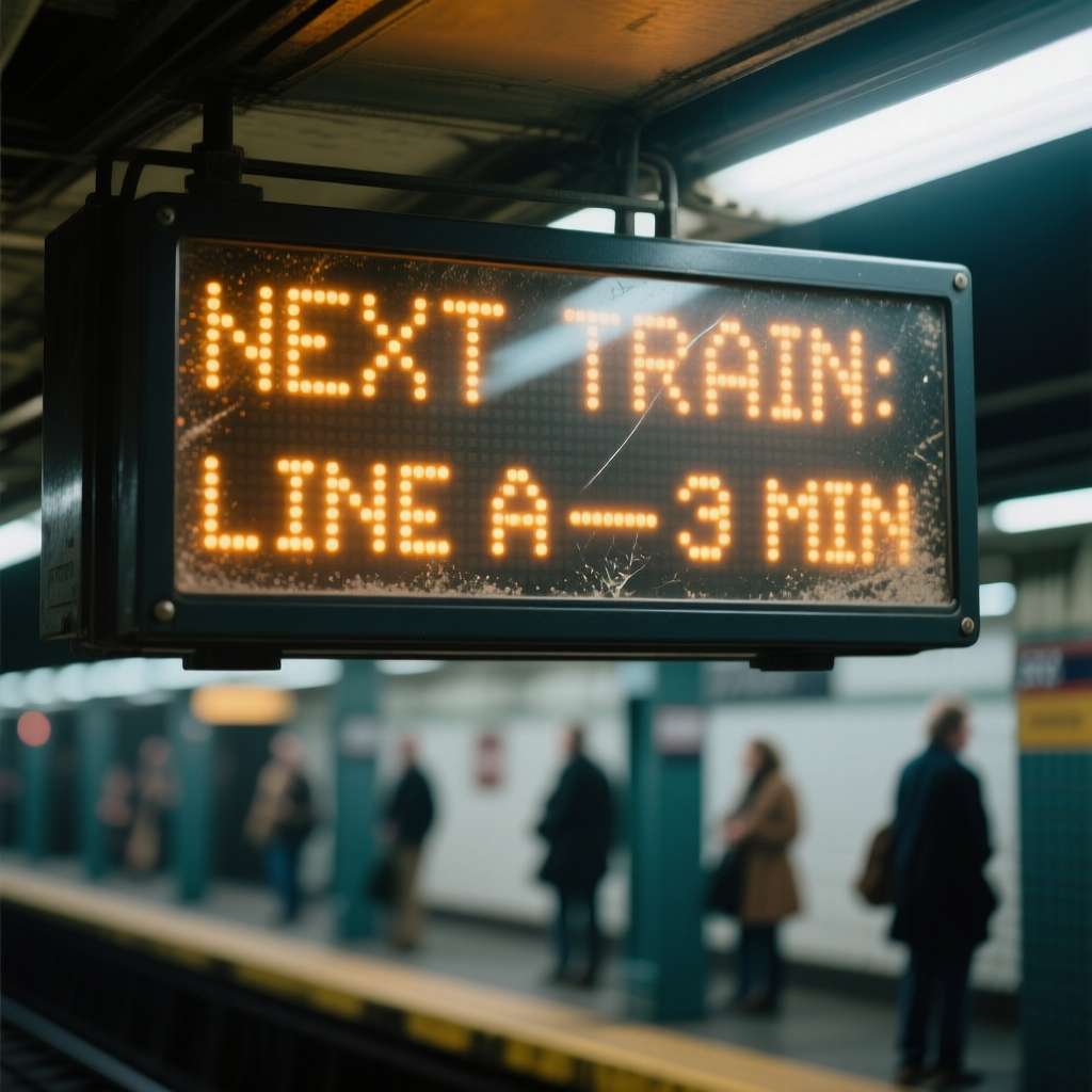 “Close-up of a retro LED dot-matrix transit display at a subway platform. The amber text scrolls ‘NEXT TRAIN: LINE A — 3 MIN’ in monospaced pixel characters; spacing is uniform with precise dot geometry. Minor bloom around lit diodes, subtle reflections on the protective glass, faint scratches and dust specks. Cool fluorescent ambience, commuters blurred in the background. Technical realism, 8K, accurate pixel structure.”